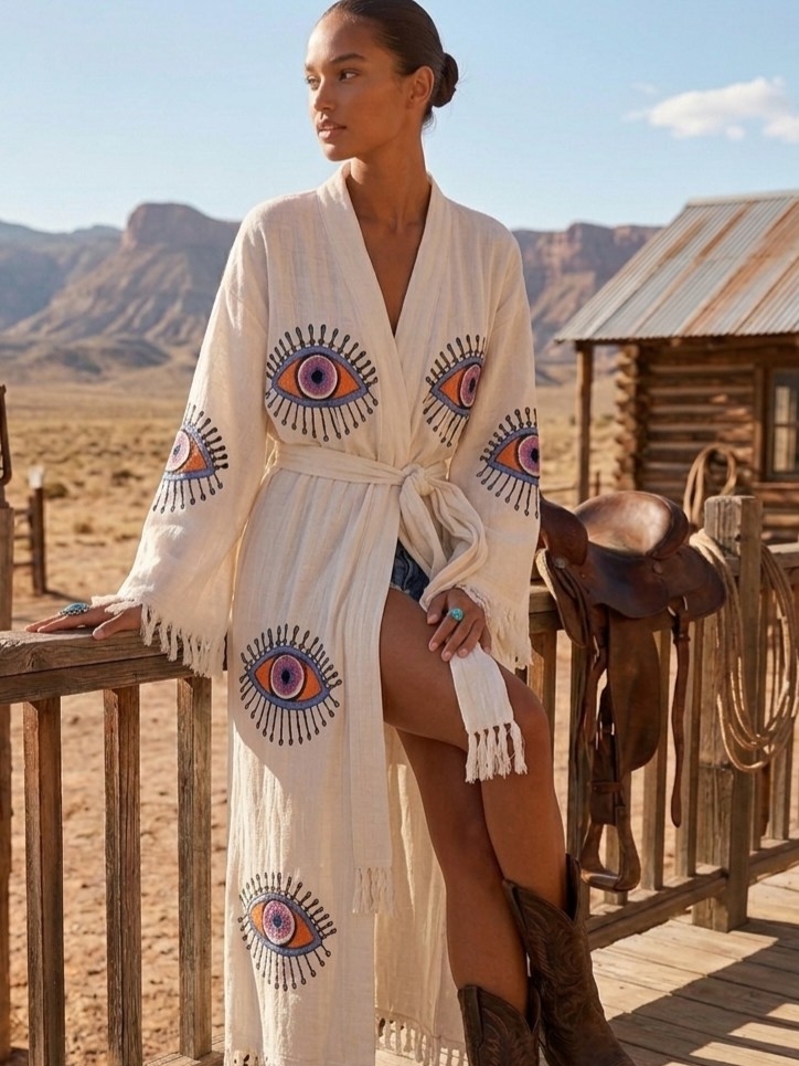 Lil Bees Bohemian Vibrant Handpainted & Embroidered Fringe Frayed Kimono Robe Os — image 2 of 8